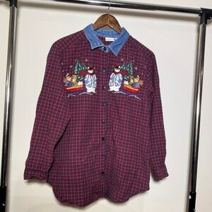 Vintage 90s Red Plaid Button Up Shirt With Snowman Size 14W/16W 100% Cotton